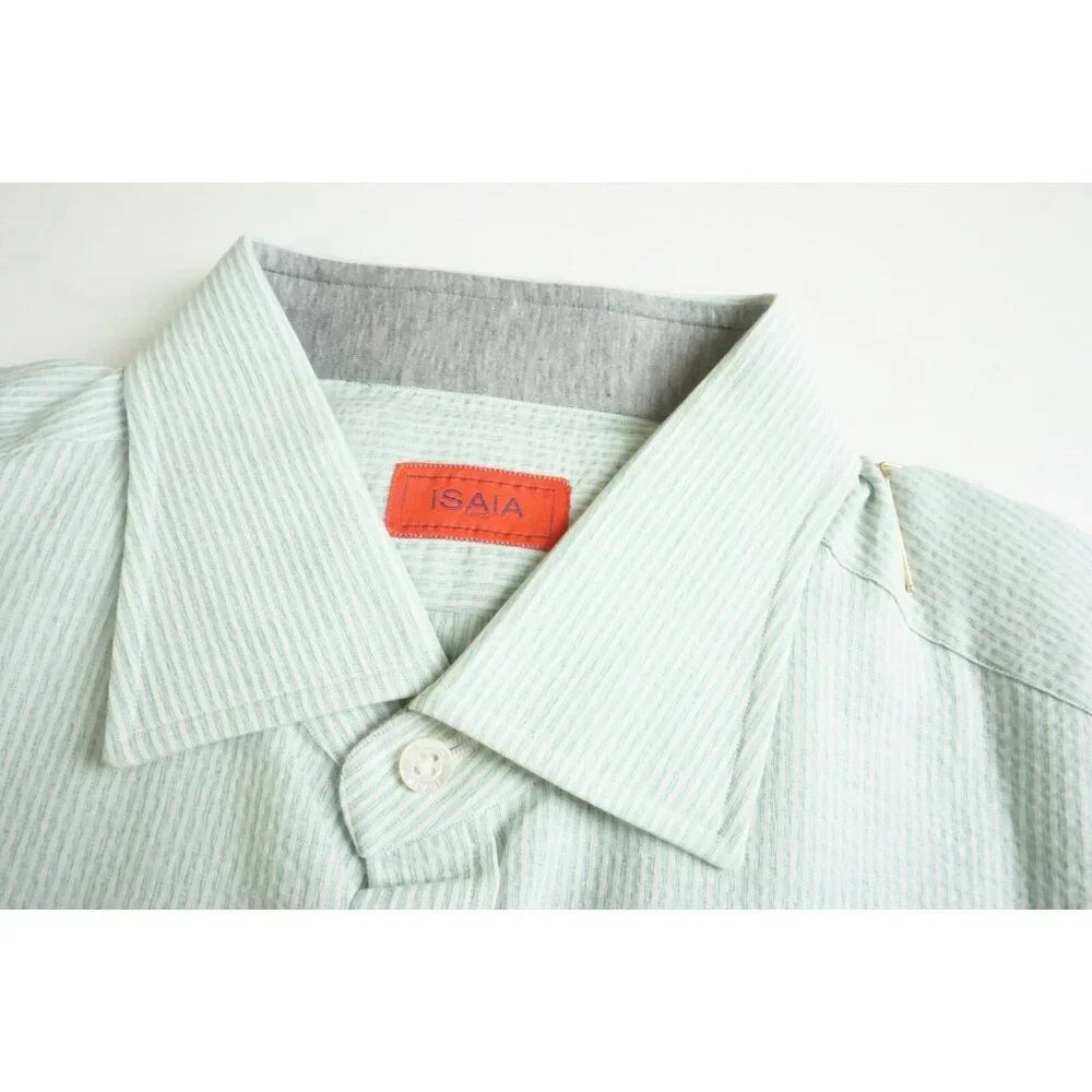 Isaia Seersucker Blue White Striped Dress Shirt Sz 39 15 1/2 BRAND NEW